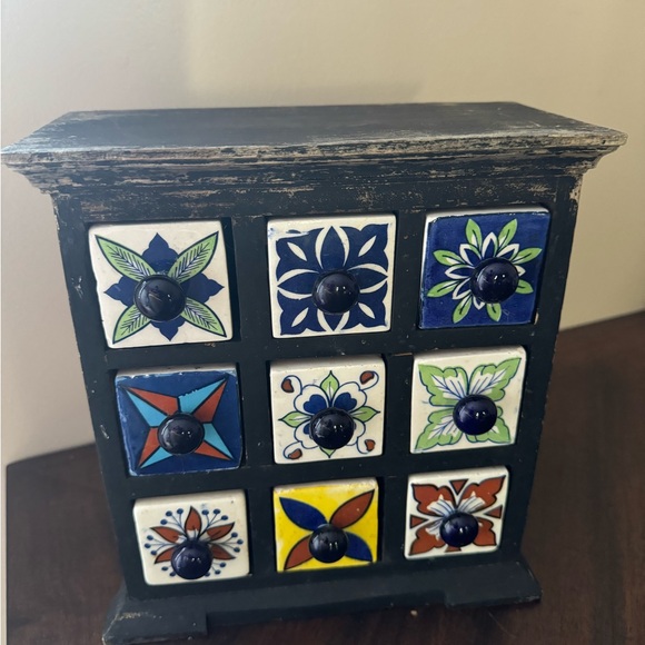 Other - Wooden Tea Trinket Seasoning Cabinet 9 Hand Painted Ceramic Drawers Apothecary